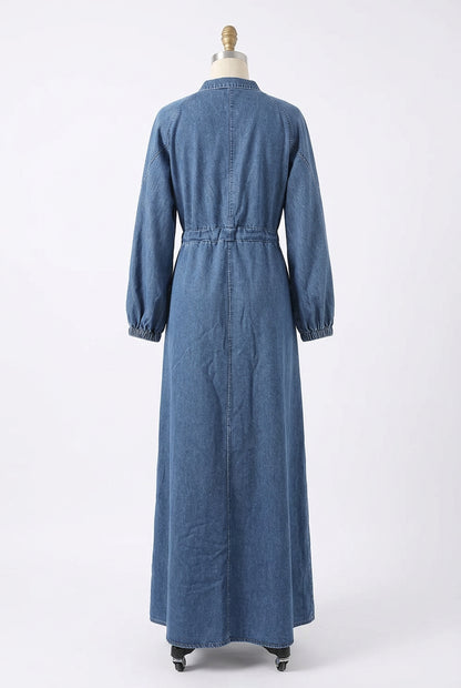 Blue Denim Zipper Abaya Dress – Modest Islamic Maxi Dress