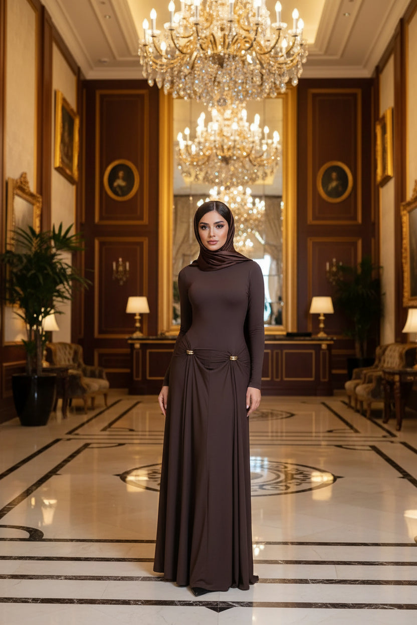 A woman models a long-sleeve, floor-length brown maxi dress with a gathered waist detail accented by two small gold rings, standing in a brightly lit room with a white chair and door.