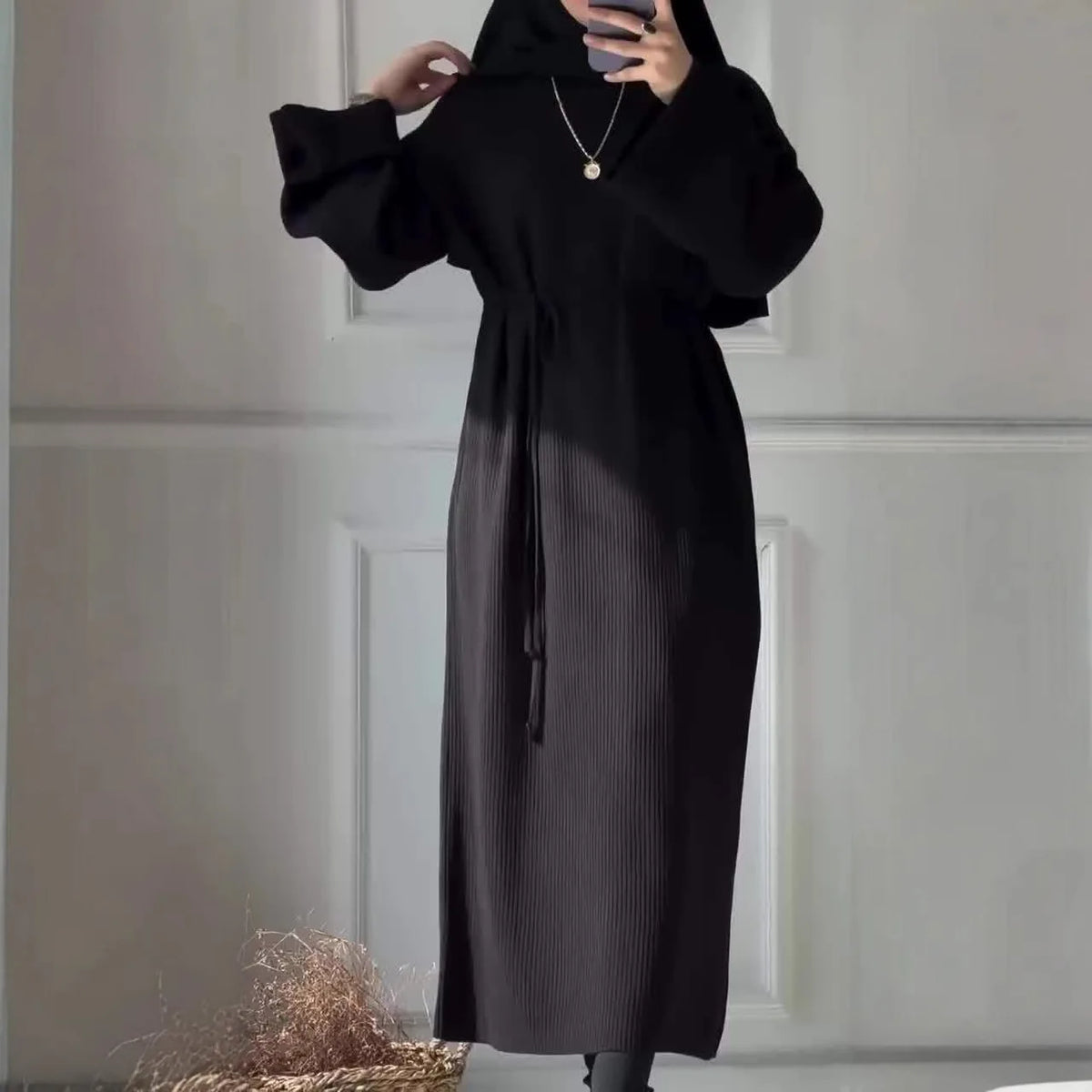 Women's Winter Ribbed Abaya Dress – Sage Green Modest Maxi Dress