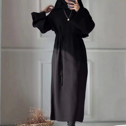 Women's Winter Ribbed Abaya Dress – Sage Green Modest Maxi Dress