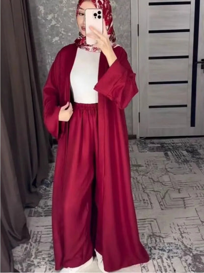 Elegant 2-Piece Abaya Set for Women | Modest Muslim Outfit | Long Cardigan & Wide-Leg Pants