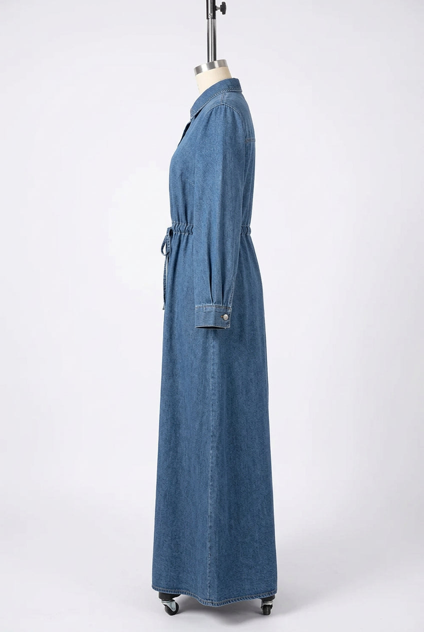 Blue Denim Zipper Abaya Dress – Modest Islamic Maxi Dress