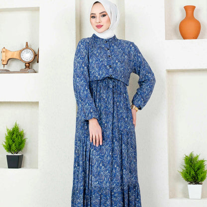 Elegant Blue Paisley Maxi Dress with Modest Chic Style
