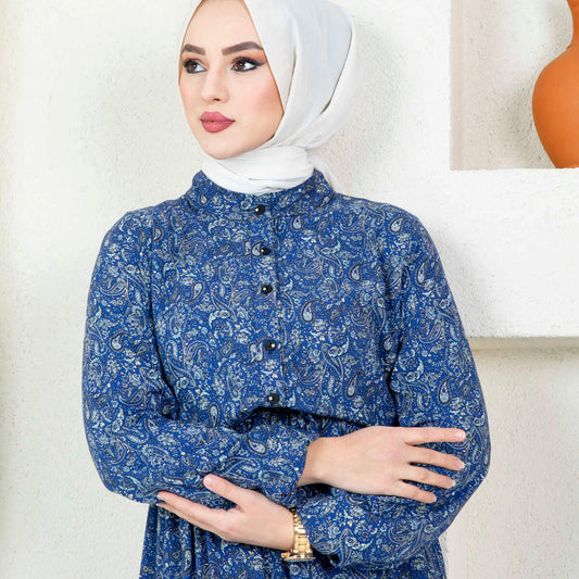 Elegant Blue Paisley Maxi Dress with Modest Chic Style