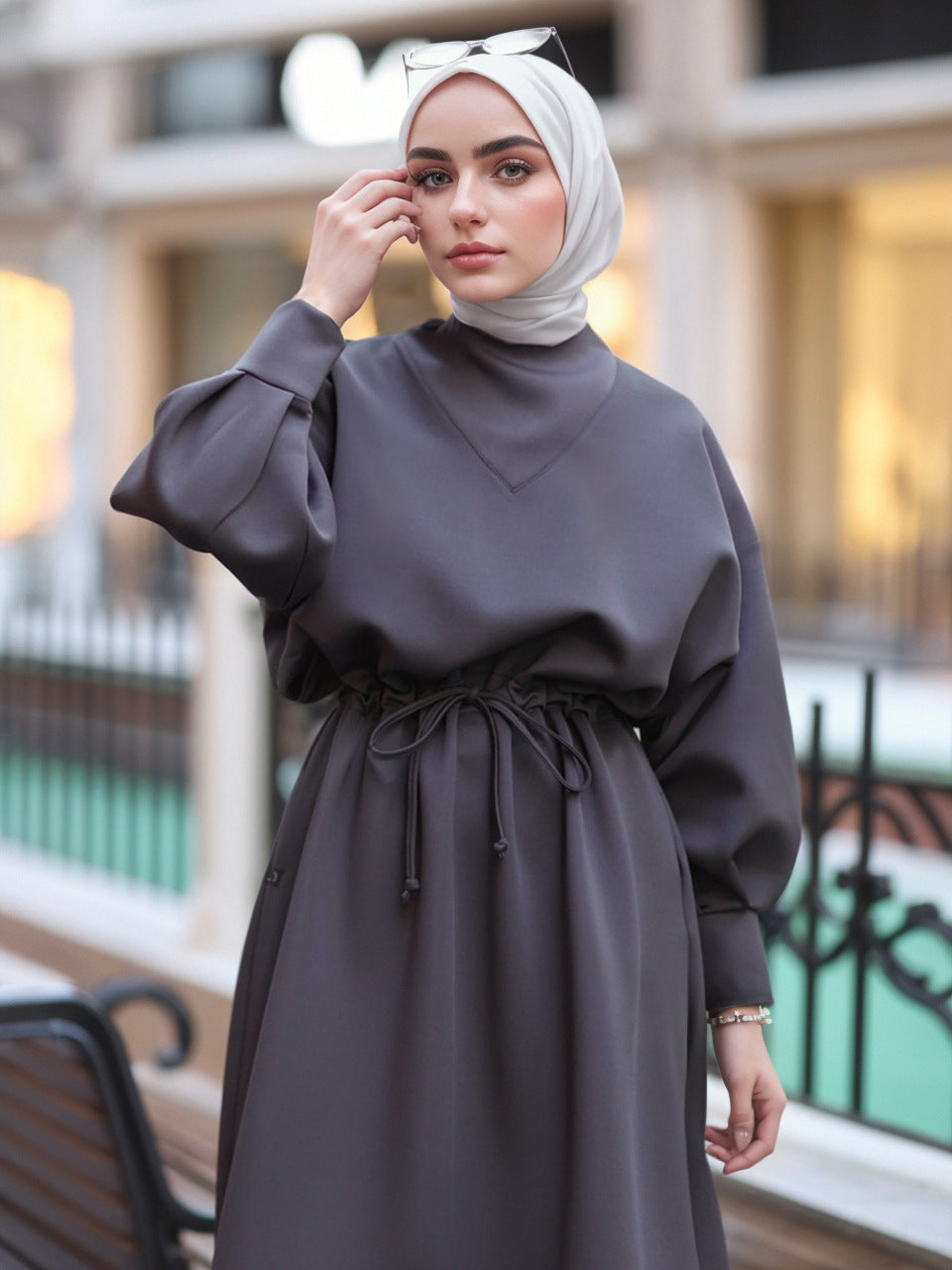 Dark Gray Batwing Dress – Lightweight Modest Fashion Solid Color Long Sleeve Dress