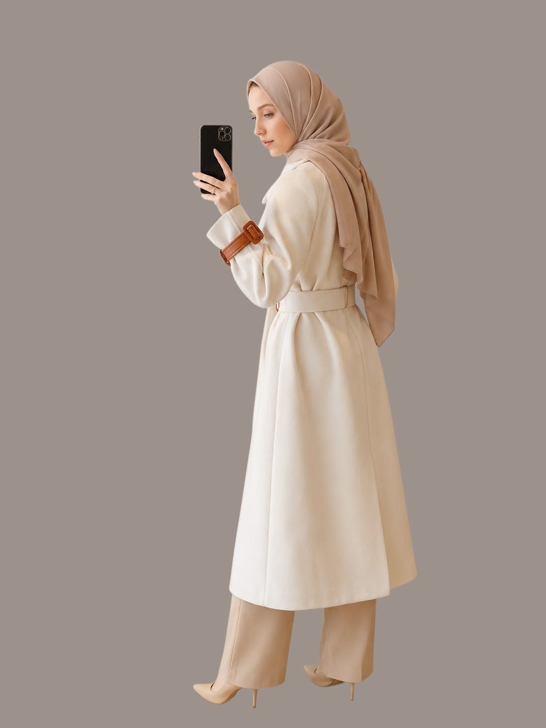 Anab Abaya elegant off-white belted coat with contrast brown cuff detail worn by a woman in a matching hijab