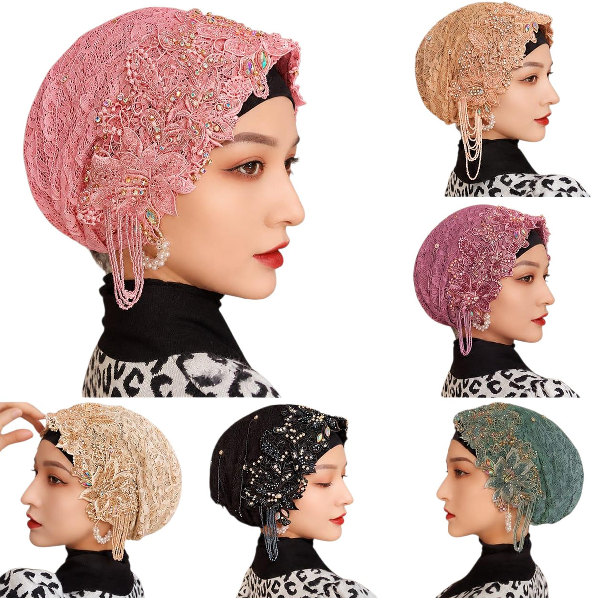 Anab Abaya handmade lace hijab head covering with floral embroidery, beads, crystals, and hanging pearl-style details.