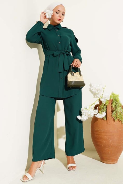 Waist Tie Shoulder Buttoned 2 Piece Set Emerald