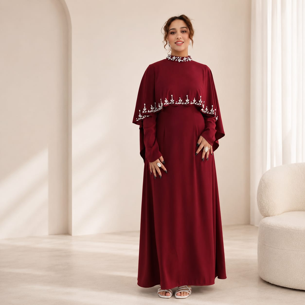 Luxury Burgundy Beaded Abaya | Modest Maxi Dress | Elegant Muslim Dress