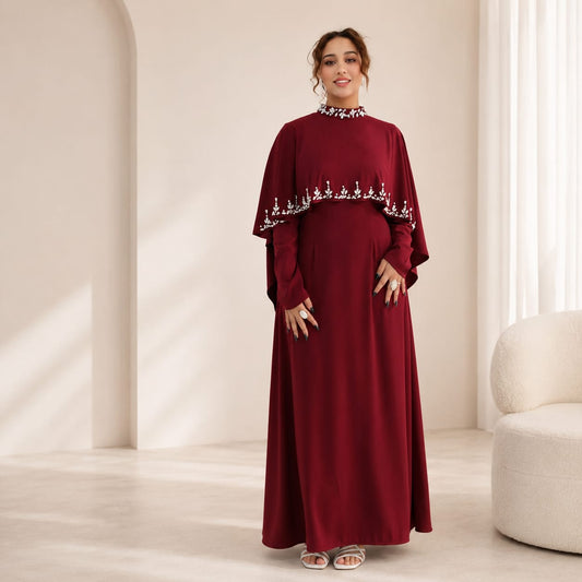 Luxury Burgundy Beaded Abaya | Modest Maxi Dress | Elegant Muslim Dress