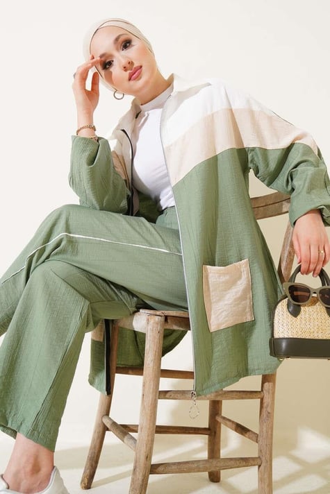 Garnished Front Zippered 2 Piece Set Almond Green