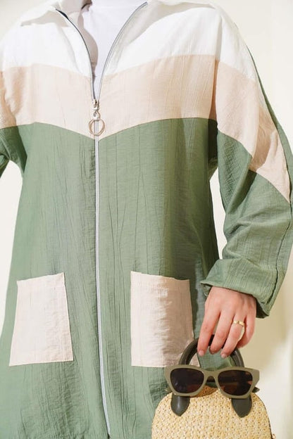 Garnished Front Zippered 2 Piece Set Almond Green