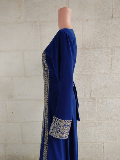 Palestinian thobe Tatreez Dress Blue with Golden Embroidery