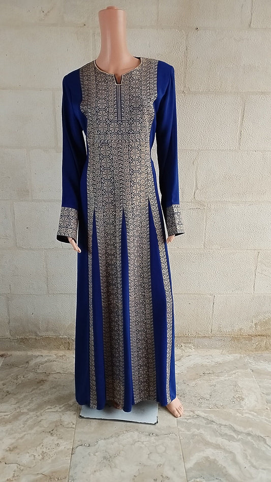 Palestinian thobe Tatreez Dress Blue with Golden Embroidery