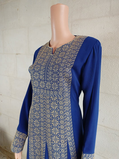 Palestinian thobe Tatreez Dress Blue with Golden Embroidery