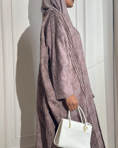 Three-Piece Cotton Jacquard Set: Pleated Patterned Abaya &amp; Silky Inner Dress (Brown)