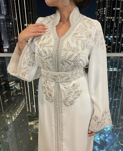 Moroccan White Caftan With Silver Embroidery , Bridal Kaftan, Wedding Dress, Nikah Dress, Custom Made Moroccan Abaya