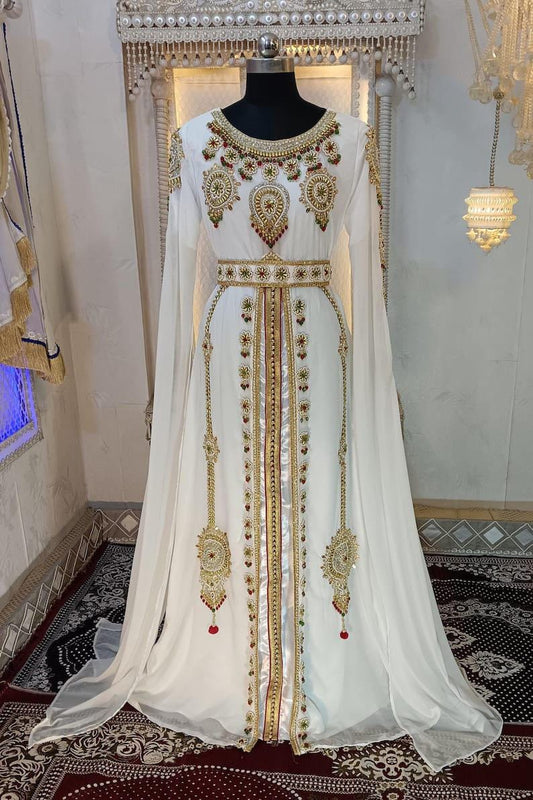 White Moroccan Embroidered Kaftan Dress – Handmade Abaya Gown, Formal Maxi Caftan for Wedding, Eid, Party