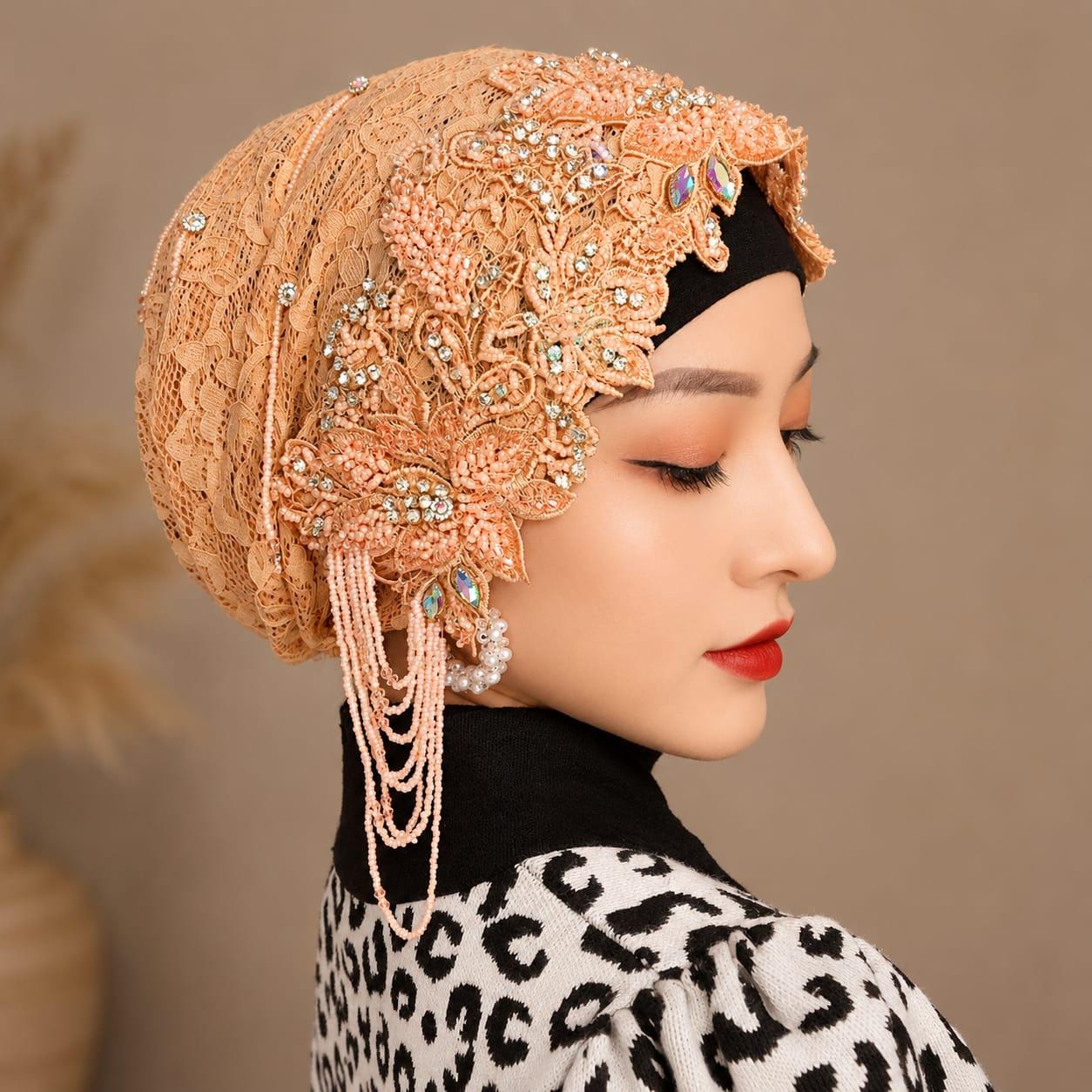 Handmade Lace Hijab Head Covering with Beaded Floral Embroidery &amp; Pearl Details