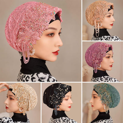 Handmade Lace Hijab Head Covering with Beaded Floral Embroidery &amp; Pearl Details