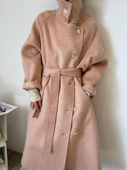 Women’s Wool-Blend Style Long Coat | Stand Collar Belted Winter Coat | Loose Fit Single-Breasted Outerwear | Elegant Camel Coat
