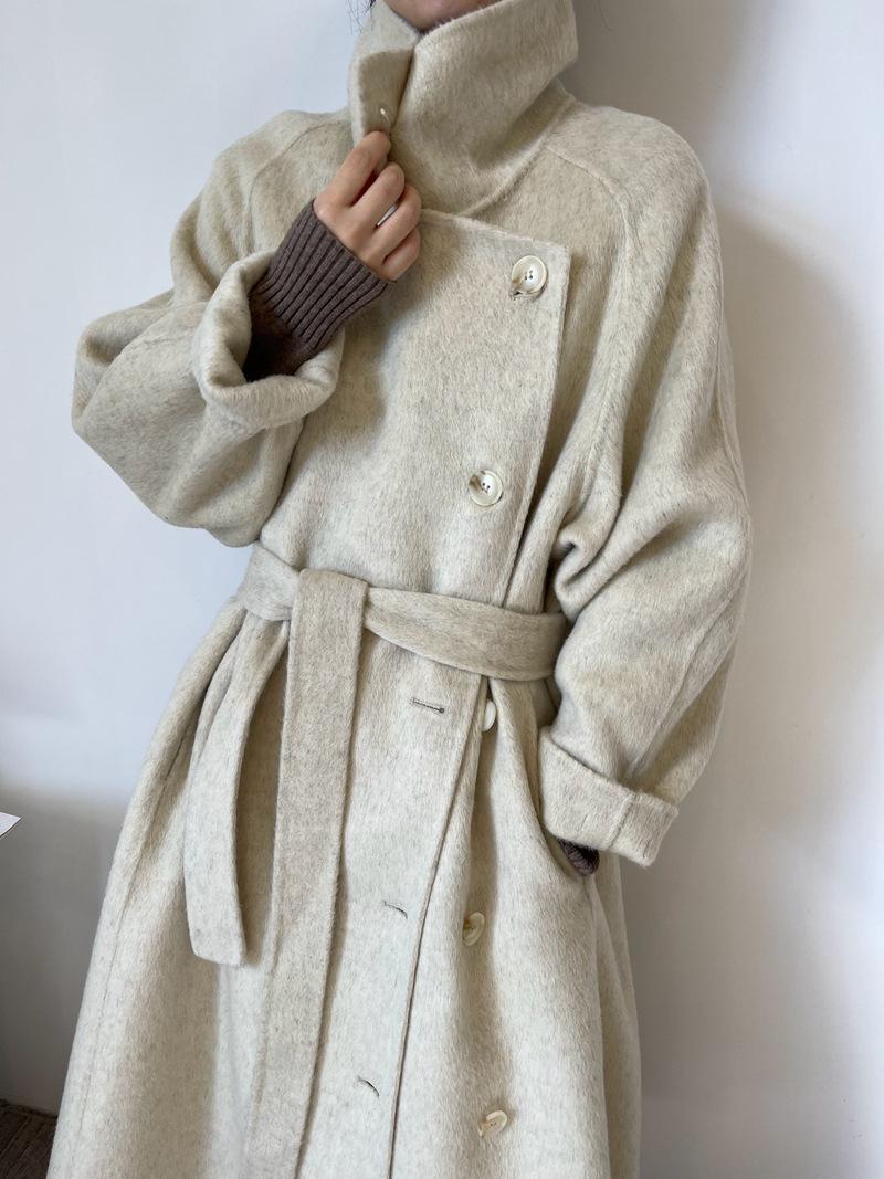 Women’s Wool-Blend Style Long Coat | Stand Collar Belted Winter Coat | Loose Fit Single-Breasted Outerwear | Elegant Camel Coat