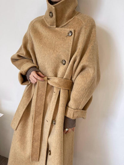 Women’s Wool-Blend Style Long Coat | Stand Collar Belted Winter Coat | Loose Fit Single-Breasted Outerwear | Elegant Camel Coat