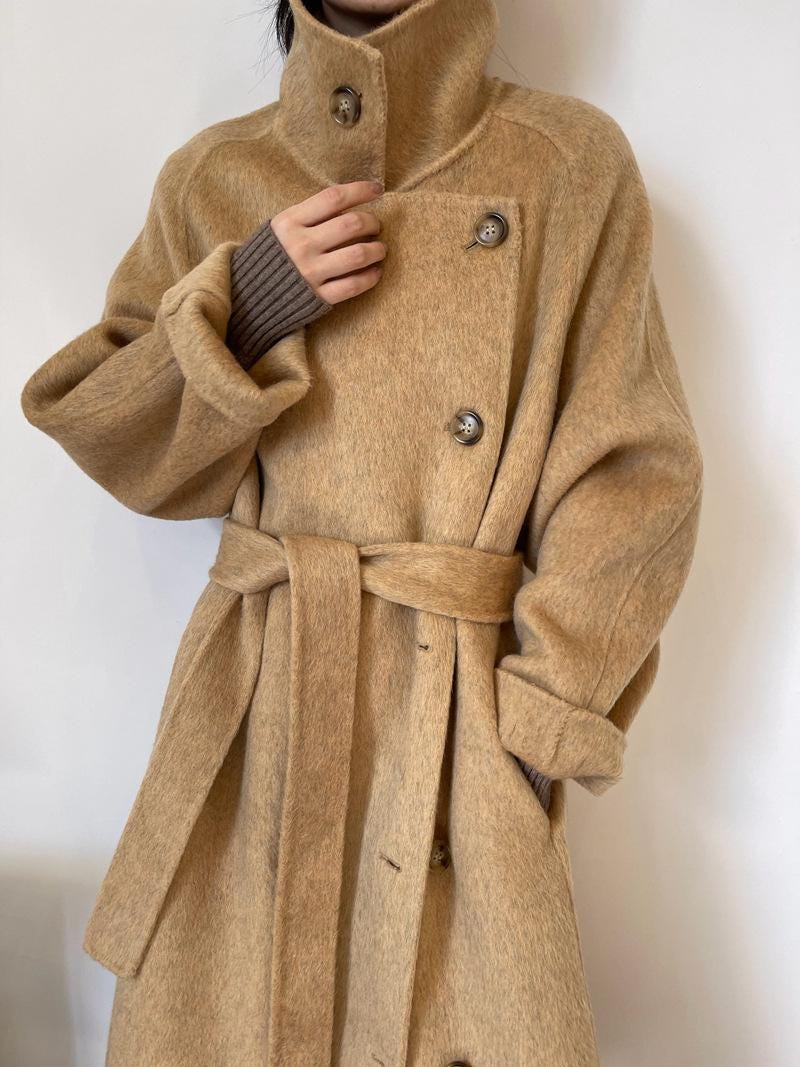Women’s Wool-Blend Style Long Coat | Stand Collar Belted Winter Coat | Loose Fit Single-Breasted Outerwear | Elegant Camel Coat