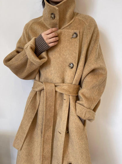 Women’s Wool-Blend Style Long Coat | Stand Collar Belted Winter Coat | Loose Fit Single-Breasted Outerwear | Elegant Camel Coat