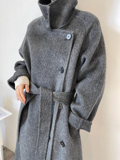 Women’s Wool-Blend Style Long Coat | Stand Collar Belted Winter Coat | Loose Fit Single-Breasted Outerwear | Elegant Camel Coat