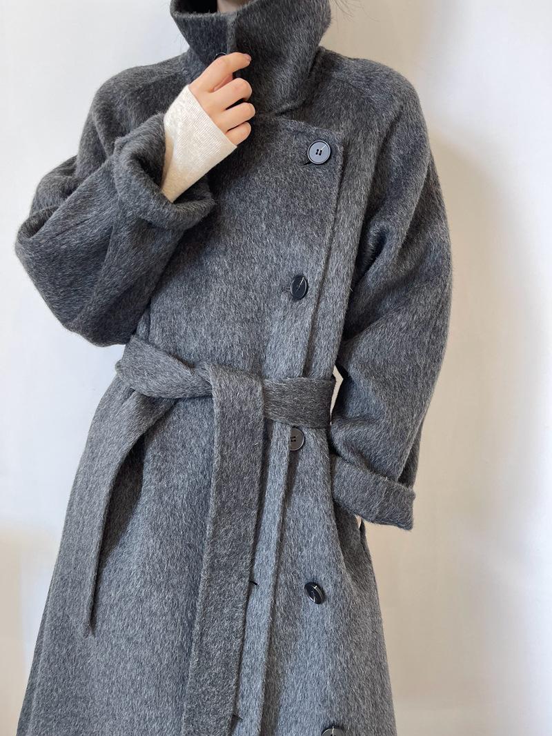 Women’s Wool-Blend Style Long Coat | Stand Collar Belted Winter Coat | Loose Fit Single-Breasted Outerwear | Elegant Camel Coat