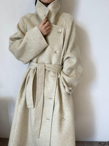 Women’s Wool-Blend Style Long Coat | Stand Collar Belted Winter Coat | Loose Fit Single-Breasted Outerwear | Elegant Camel Coat
