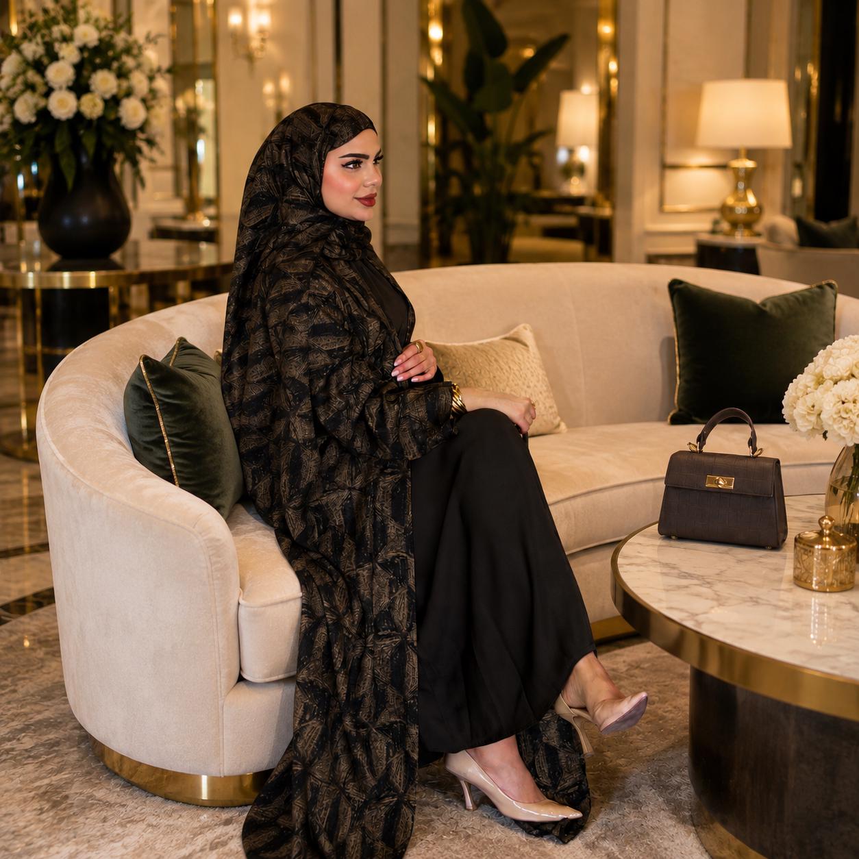 Luxury Brown Patterned Abaya with Matching Hijab | Elegant Modest Dress | Muslim Women’s Abaya | Occasion &amp; Everyday Wear