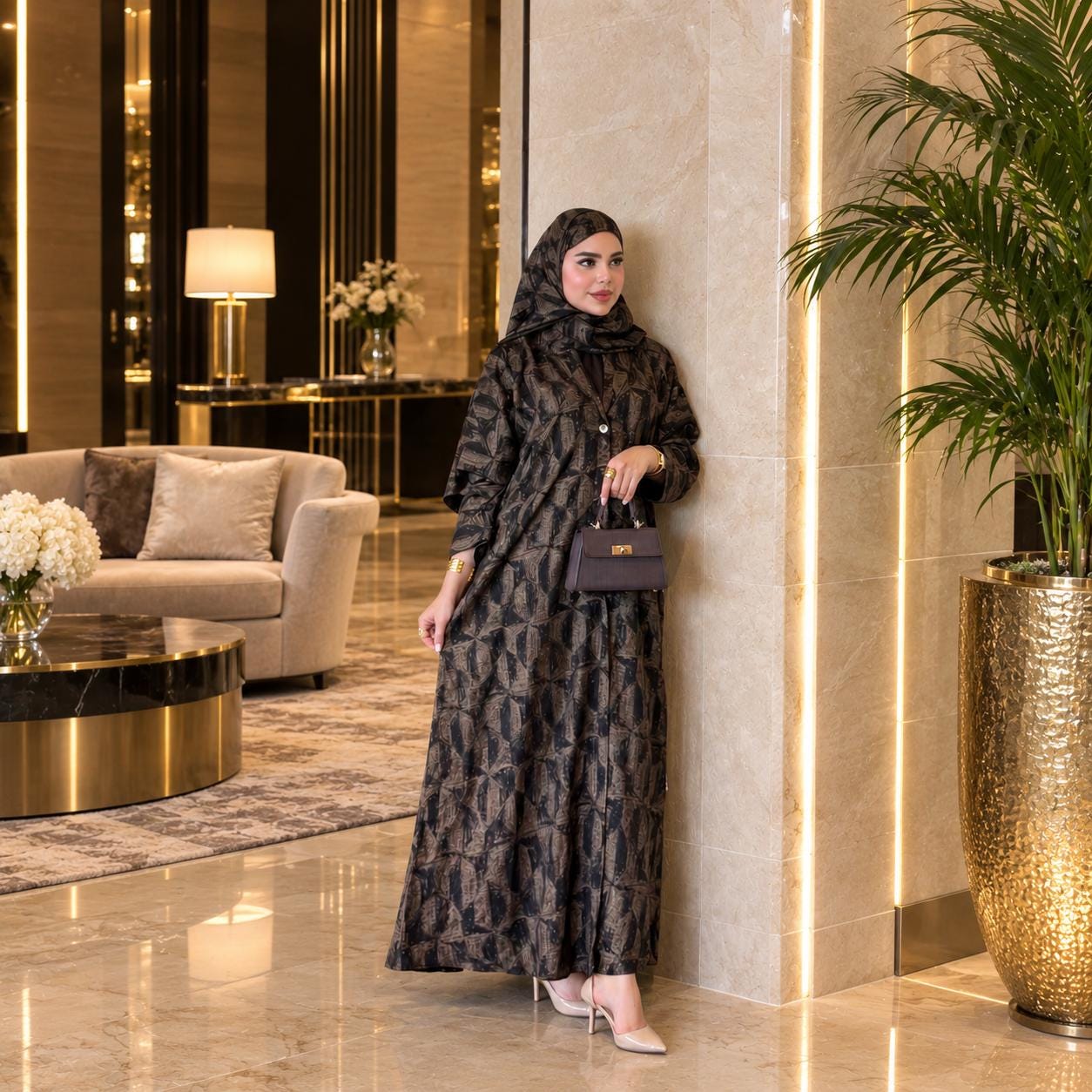 Luxury Brown Patterned Abaya with Matching Hijab | Elegant Modest Dress | Muslim Women’s Abaya | Occasion &amp; Everyday Wear