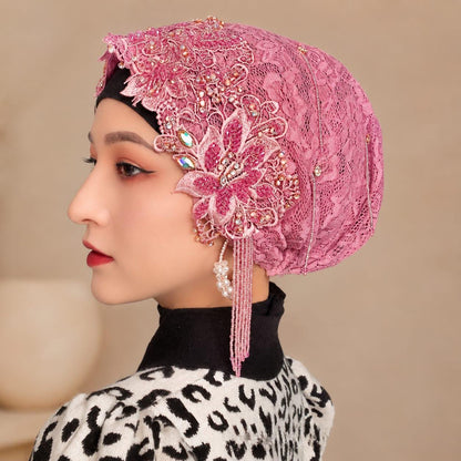 Handmade Lace Hijab Head Covering with Beaded Floral Embroidery &amp; Pearl Details