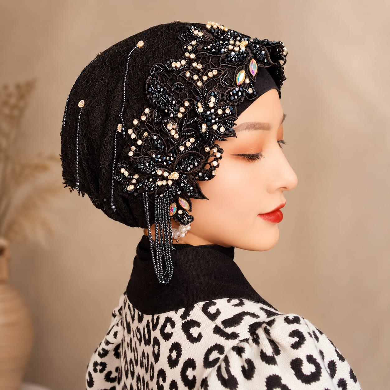 Handmade Lace Hijab Head Covering with Beaded Floral Embroidery &amp; Pearl Details