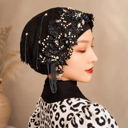 Handmade Lace Hijab Head Covering with Beaded Floral Embroidery &amp; Pearl Details