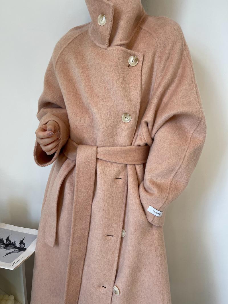 Women’s Wool-Blend Style Long Coat | Stand Collar Belted Winter Coat | Loose Fit Single-Breasted Outerwear | Elegant Camel Coat