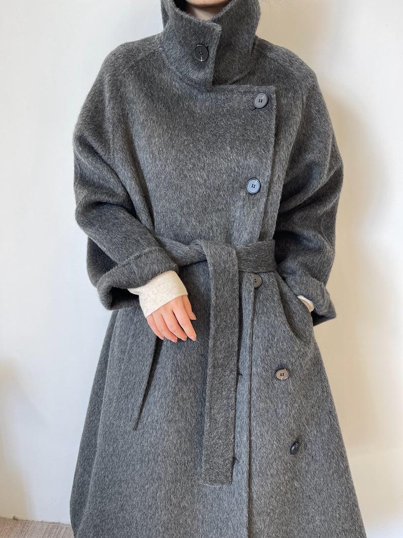 Women’s Wool-Blend Style Long Coat | Stand Collar Belted Winter Coat | Loose Fit Single-Breasted Outerwear | Elegant Camel Coat