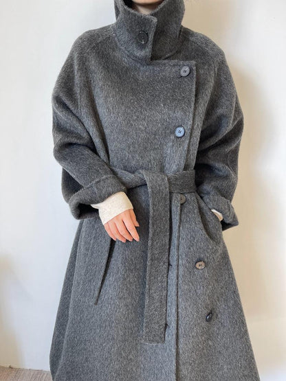Women’s Wool-Blend Style Long Coat | Stand Collar Belted Winter Coat | Loose Fit Single-Breasted Outerwear | Elegant Camel Coat