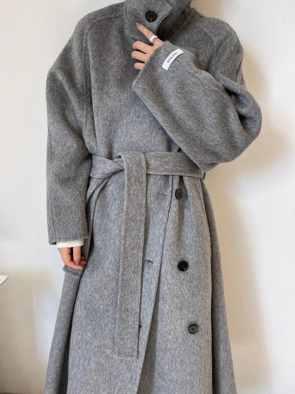 Women’s Wool-Blend Style Long Coat | Stand Collar Belted Winter Coat | Loose Fit Single-Breasted Outerwear | Elegant Camel Coat