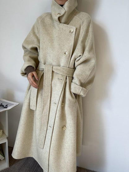 Women’s Wool-Blend Style Long Coat | Stand Collar Belted Winter Coat | Loose Fit Single-Breasted Outerwear | Elegant Camel Coat