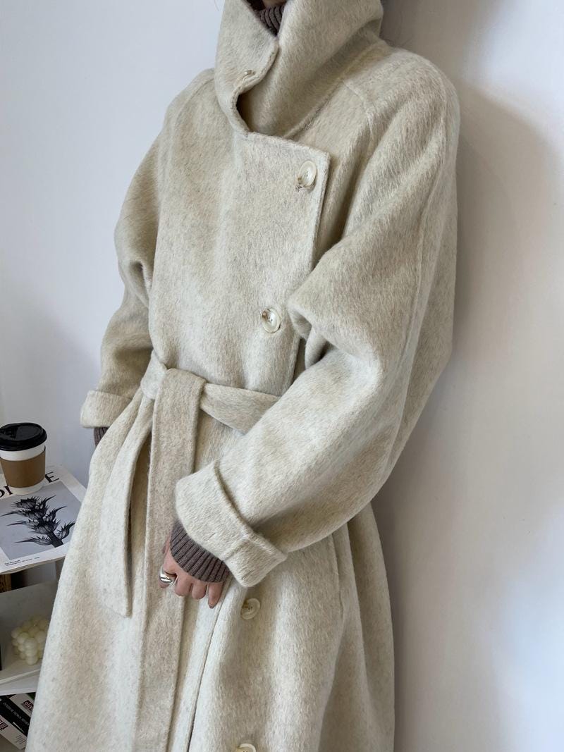 Women’s Wool-Blend Style Long Coat | Stand Collar Belted Winter Coat | Loose Fit Single-Breasted Outerwear | Elegant Camel Coat
