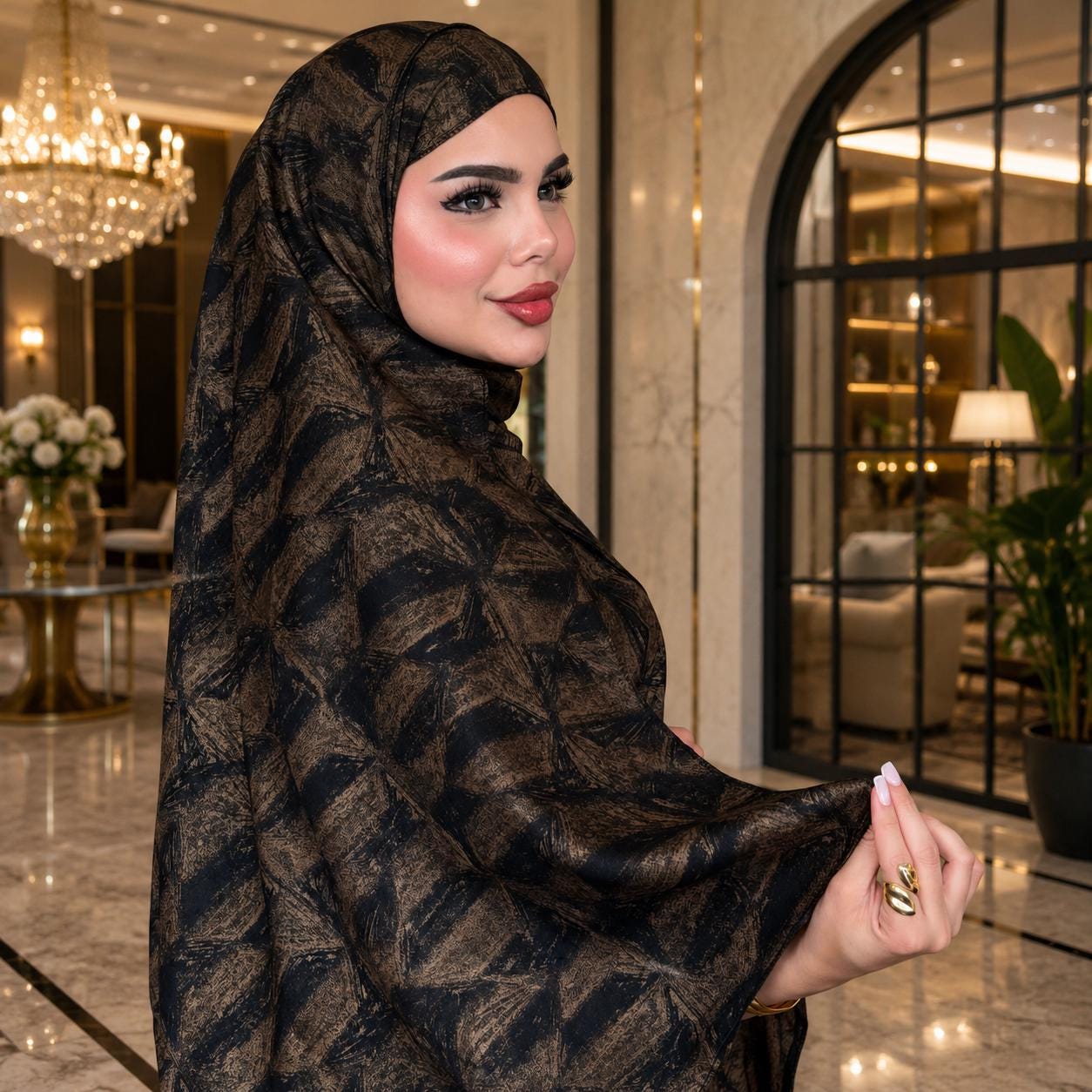 Luxury Brown Patterned Abaya with Matching Hijab | Elegant Modest Dress | Muslim Women’s Abaya | Occasion &amp; Everyday Wear