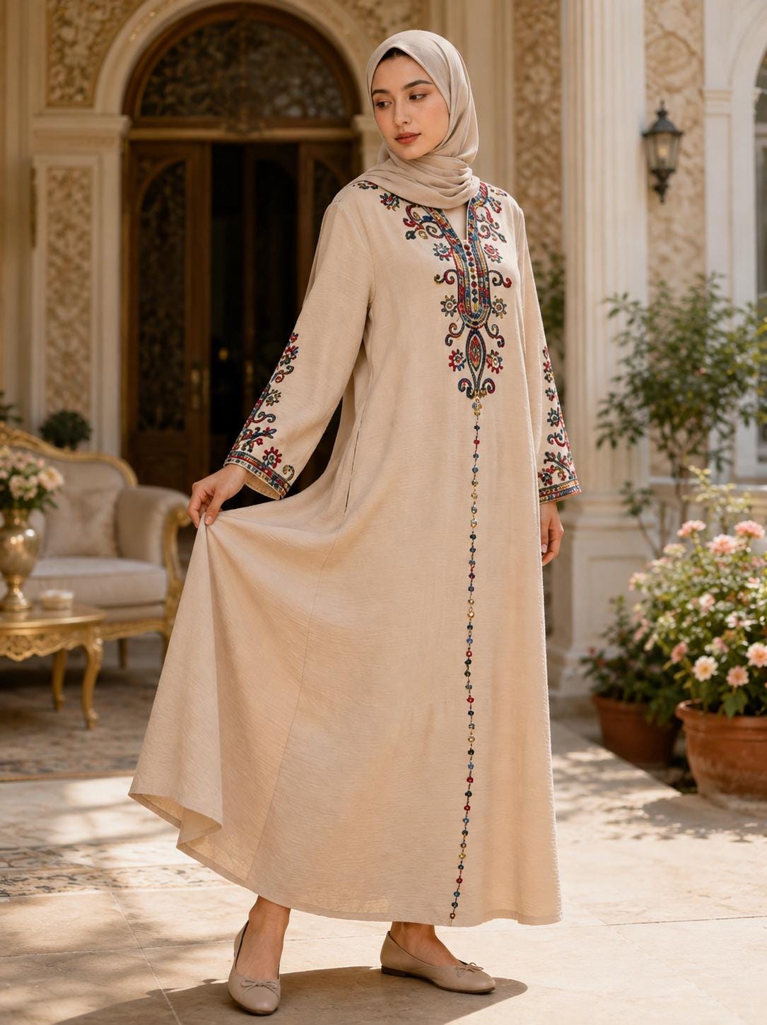 Embroidered Beige Abaya Dress, Modest Muslim Women’s Maxi Kaftan, Elegant Long Sleeve Islamic Dress, Hijab Friendly Gift
