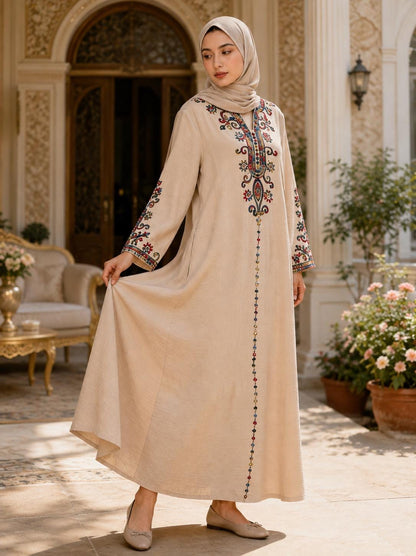 Embroidered Beige Abaya Dress, Modest Muslim Women’s Maxi Kaftan, Elegant Long Sleeve Islamic Dress, Hijab Friendly Gift