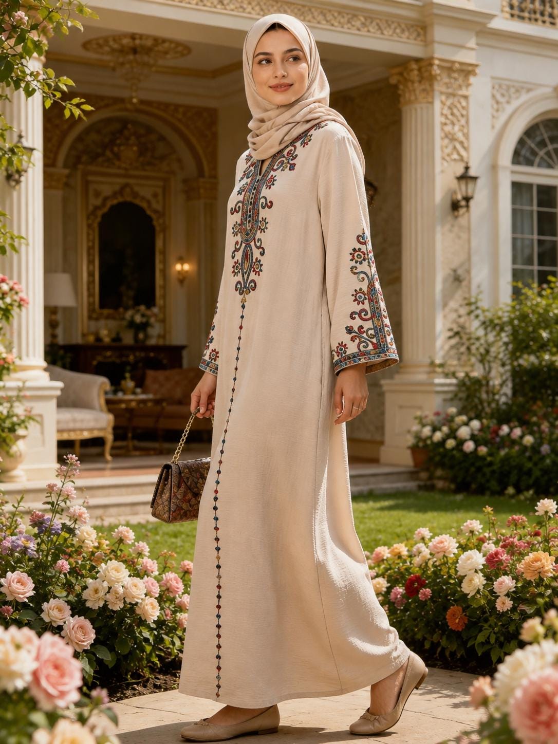 Embroidered Beige Abaya Dress, Modest Muslim Women’s Maxi Kaftan, Elegant Long Sleeve Islamic Dress, Hijab Friendly Gift