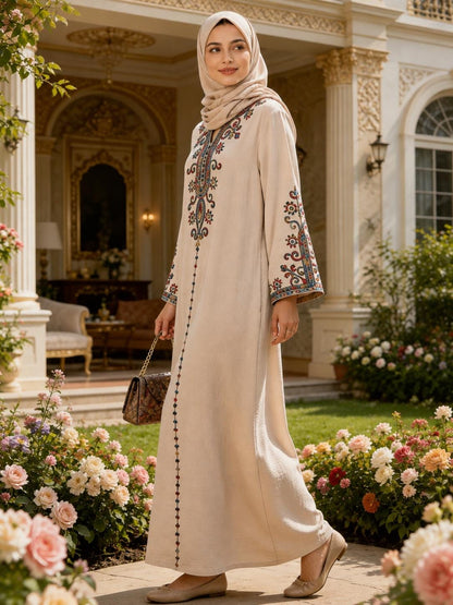 Embroidered Beige Abaya Dress, Modest Muslim Women’s Maxi Kaftan, Elegant Long Sleeve Islamic Dress, Hijab Friendly Gift