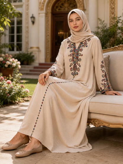 Embroidered Beige Abaya Dress, Modest Muslim Women’s Maxi Kaftan, Elegant Long Sleeve Islamic Dress, Hijab Friendly Gift