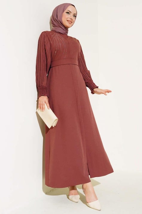 Sleeve Pleated Stoned Abaya Burgundy